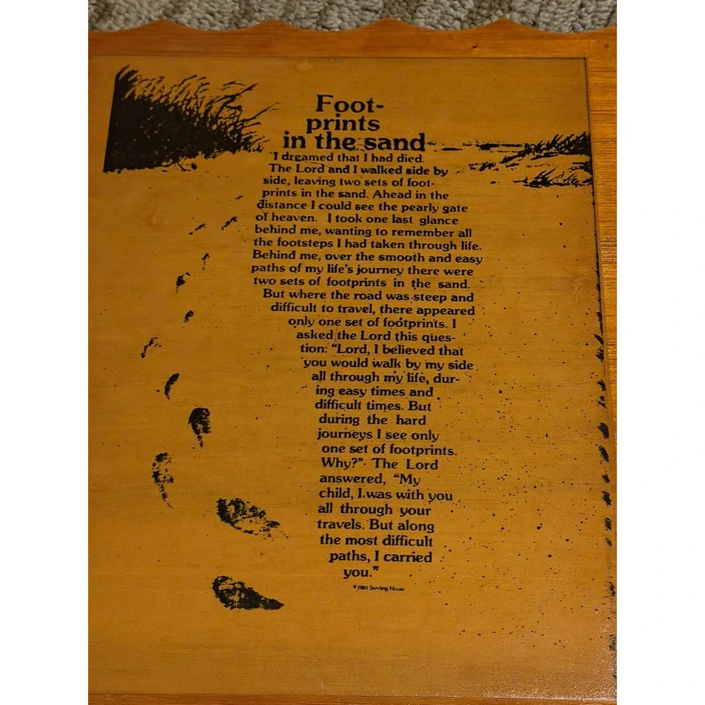 Vintage 1984 Footprints in the Sand Wooden Wall Plaque Sterling House Religious